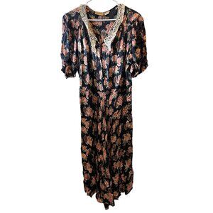 vtg Maxi Dress Adrian Jordan Floral‎ cottagecore Sz 20  Short Sleeves Black pink